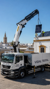 Camión grúa para placas solares en Sevilla