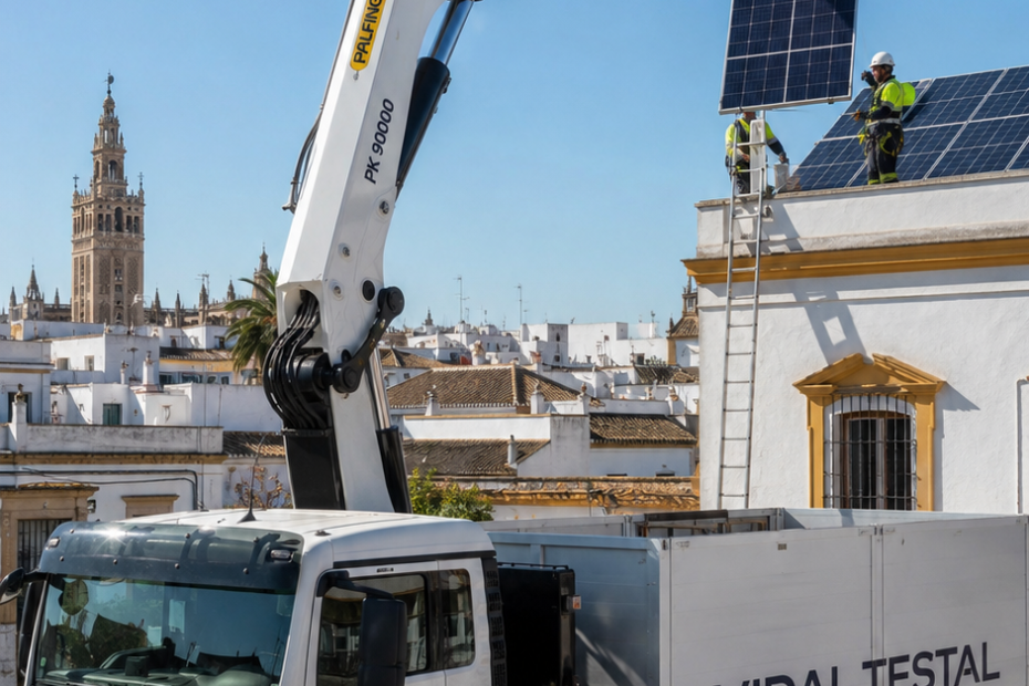 Camión grúa para placas solares en Sevilla