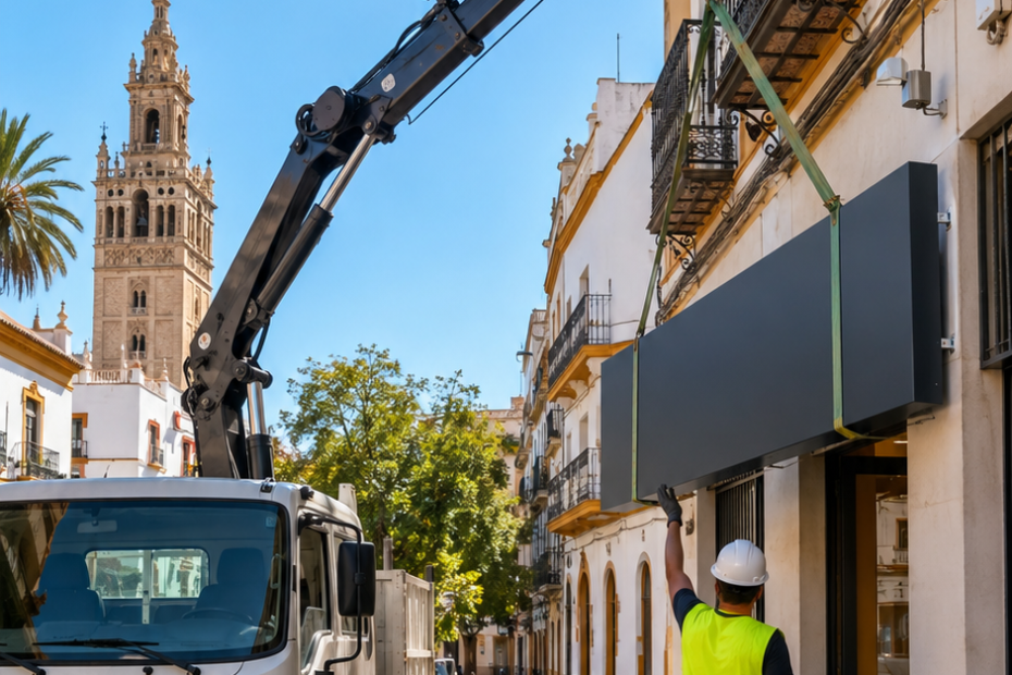 Camión pluma para instalación de rótulos