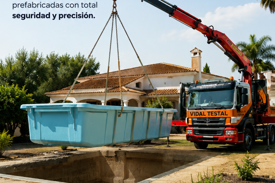 Camión pluma para piscinas prefabricadas Sevilla