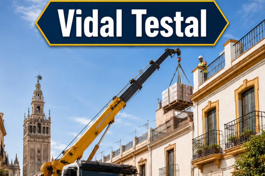 Grúa para subir materiales a azotea en Sevilla